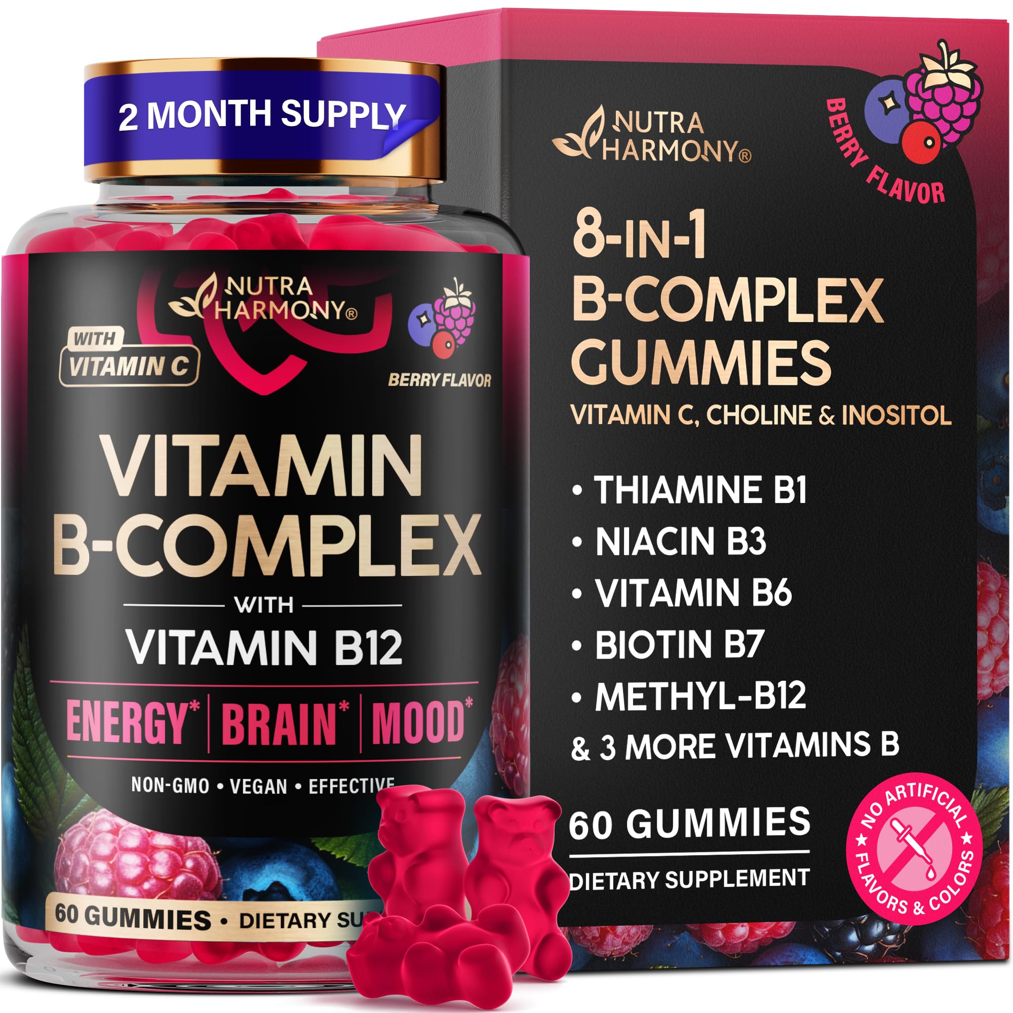 Vitamin B-Complex Gummies for Women & Men - B1-B12 + Vitamin C & Choline - Berry Flavor, Vegan (60 Gummies)
