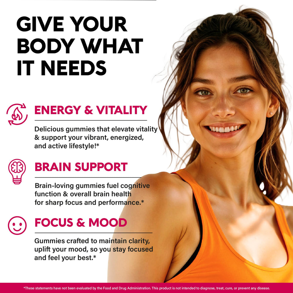 Vitamin B-Complex Gummies for Women & Men - B1-B12 + Vitamin C & Choline - Berry Flavor, Vegan (60 Gummies)
