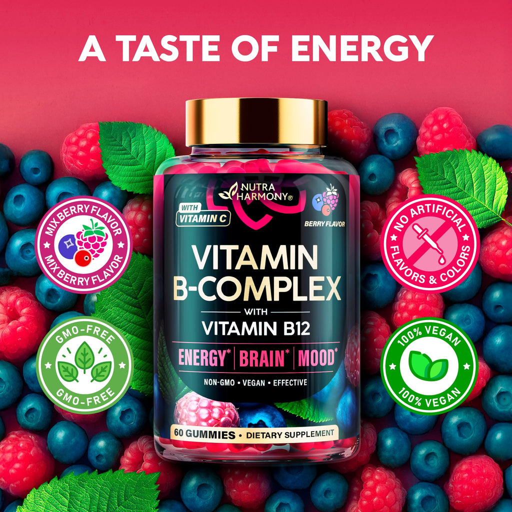 Vitamin B-Complex Gummies for Energy, Brain & Mood – Vegan Berry (60 Gummies, 2 Pack)