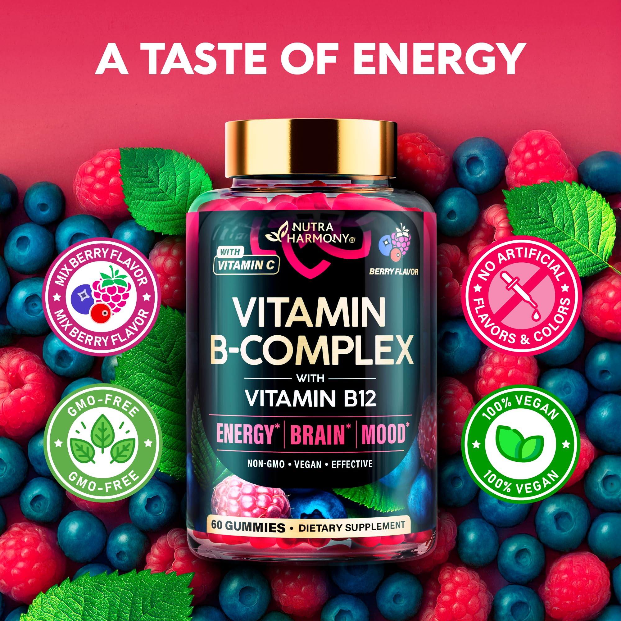 Vitamin B-Complex Gummies for Energy, Brain & Mood – Vegan Berry (60 Gummies, 2 Pack)