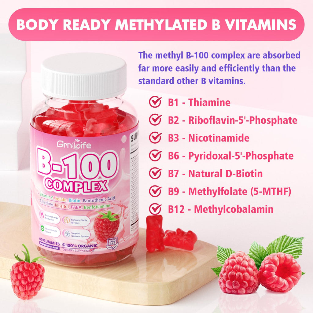 Vitamin B Complex Gummies – All B Vitamins + Methyl B12 | Energy & Immune Support | Raspberry Flavor (60 Count)