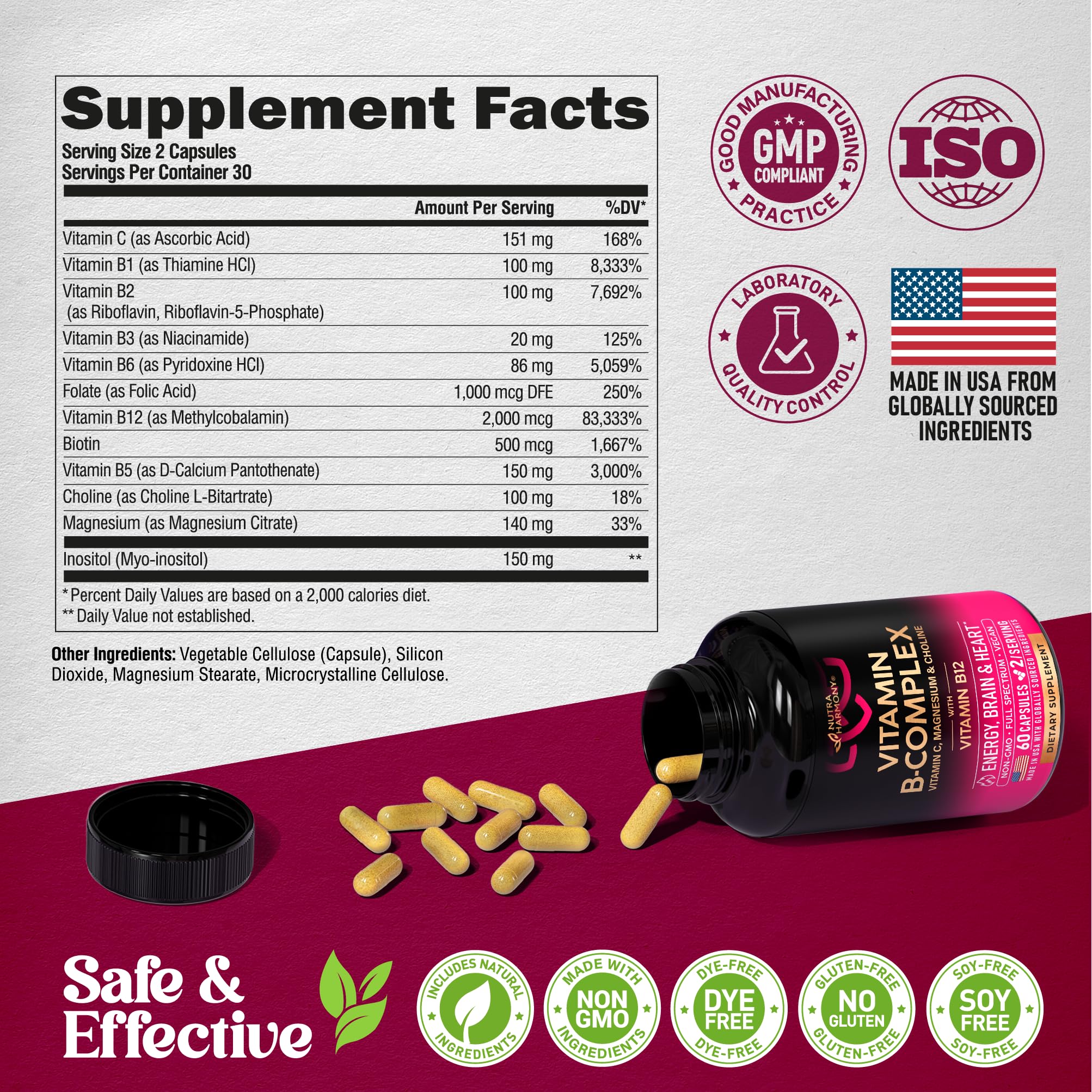 Vitamin B Complex for Men & Women - Made in USA | 60 Vegan Caps