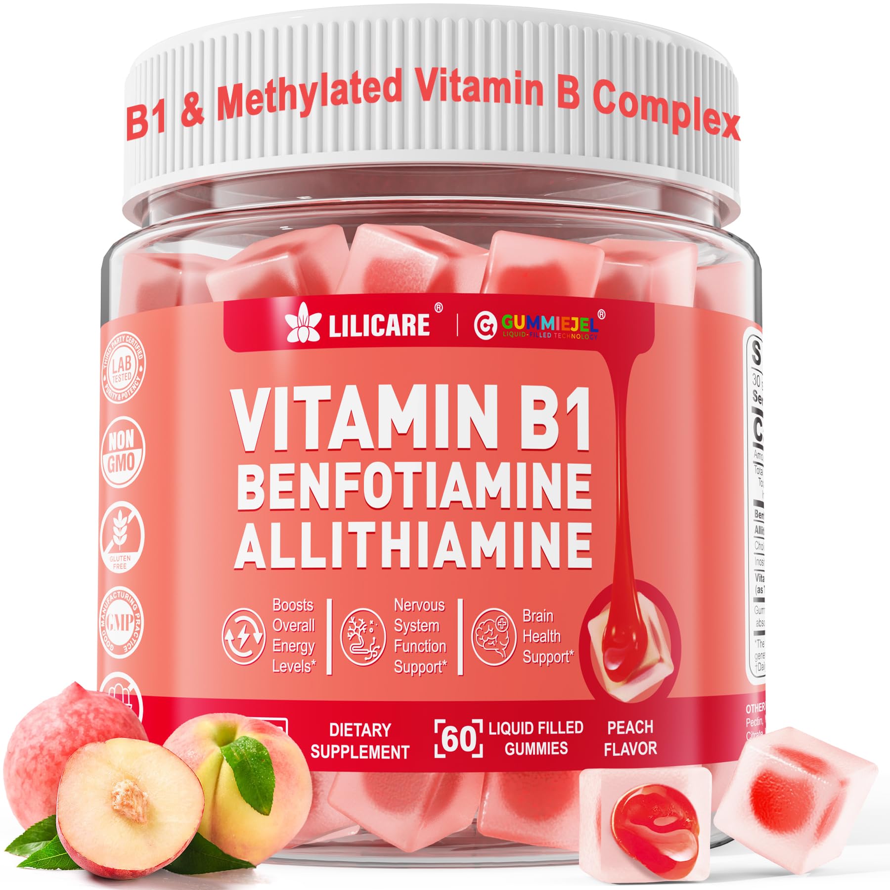 Vitamin B1 & Methylated Vitamin B Complex Gummies - All B Vitamins, Benfotiamine, Thiamine & Inositol, Methylated B1 B2 B6 Multivitamins, L-methylfolate, Methyl B12 for Nerve Cognition Energy, 60 Cts