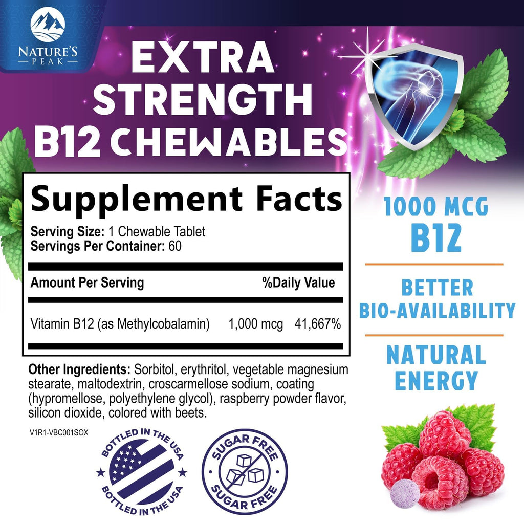 Vitamin B12 1000 mcg Methylcobalamin - Vegan, Sugar-Free Raspberry | 60 Chewable Tablets | 60 Day Supply