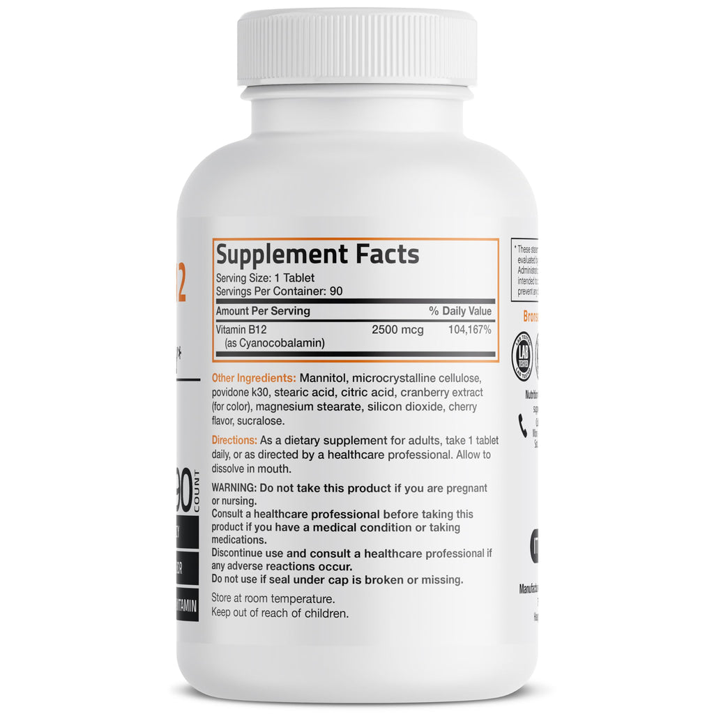 Vitamin B12 2500mcg Cherry Sublingual Tablets – 90 Count | Fast-Dissolving Energy & Nervous System Support