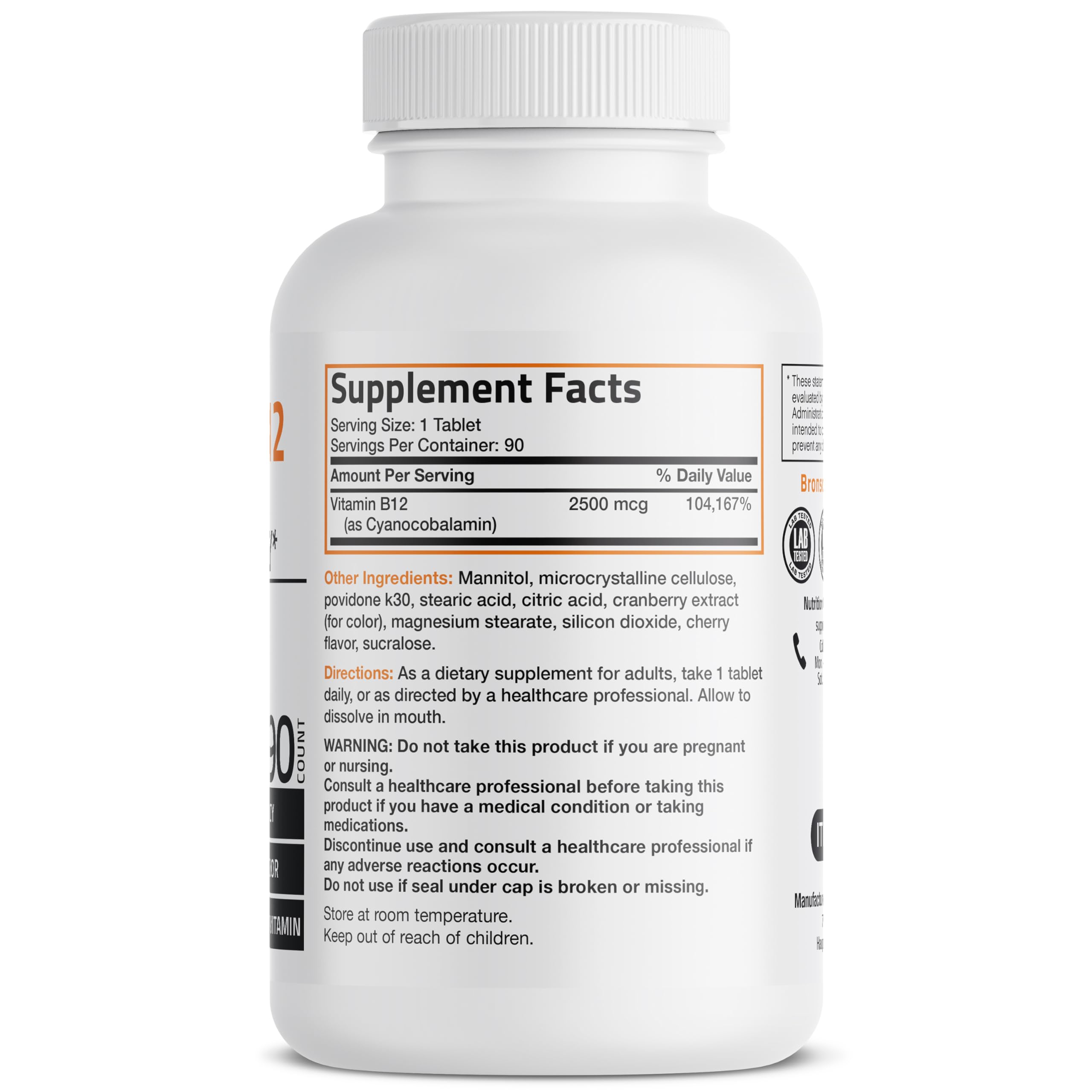 Vitamin B12 2500mcg Cherry Sublingual Tablets – 90 Count | Fast-Dissolving Energy & Nervous System Support