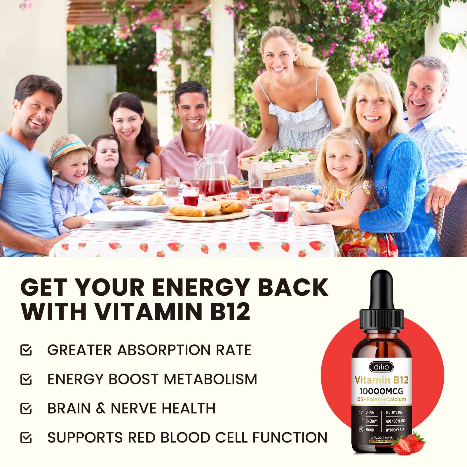 Vitamin B12 Liquid Drops Sublingual 10000 mcg – Triple B-12 Complex (Methyl & Methylcobalamin) for Energy & Mood | Women & Men