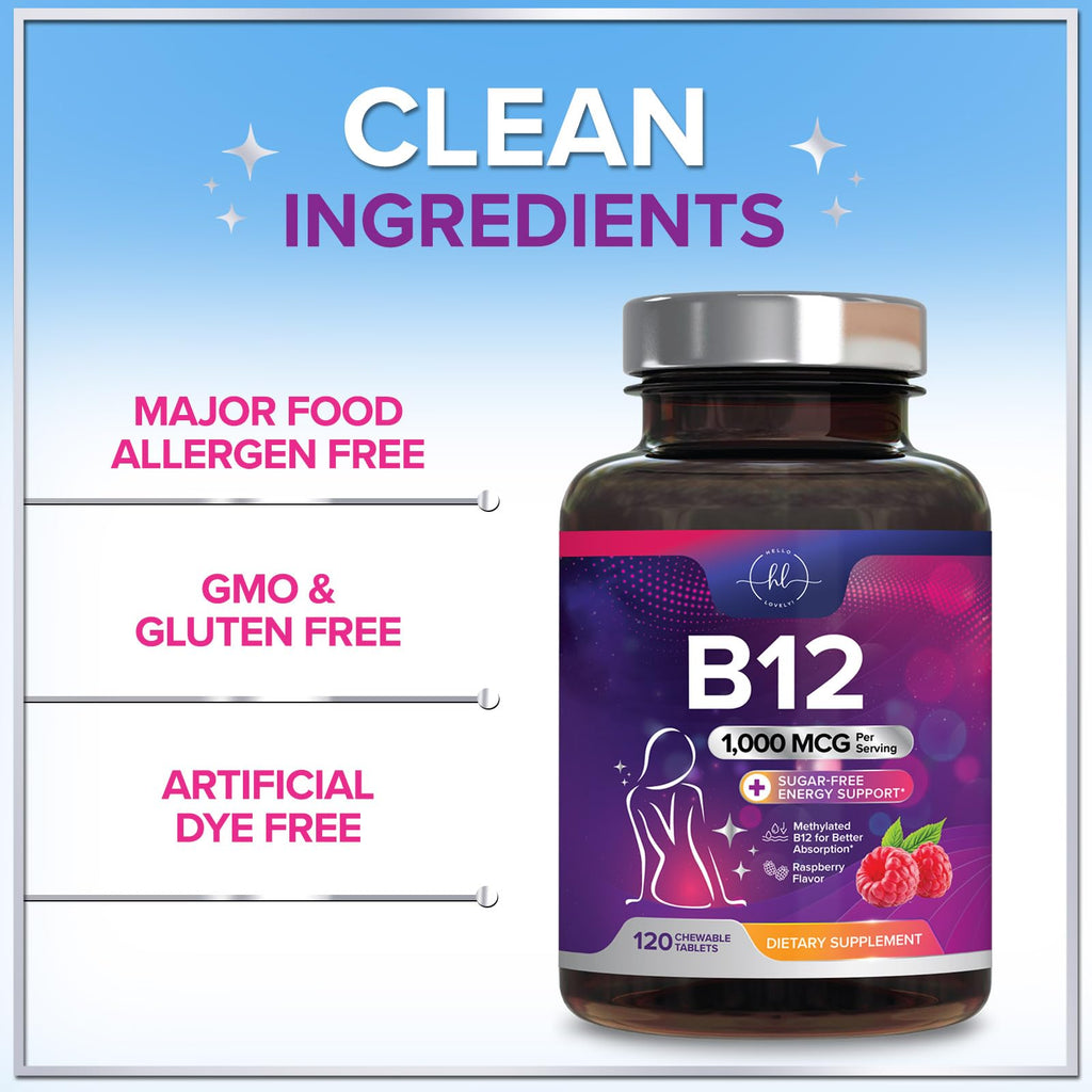 Hello Lovely! B12 Vitamin Chewables 1000 mcg - Energy & Immune Support - Gluten & Sugar Free (120 Chewables)