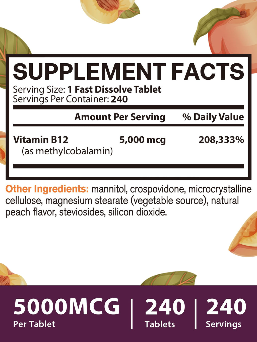 Vitamin B12 Sublingual 5000mcg – Energy & Nerve Support, Peach Flavor, Vegan
