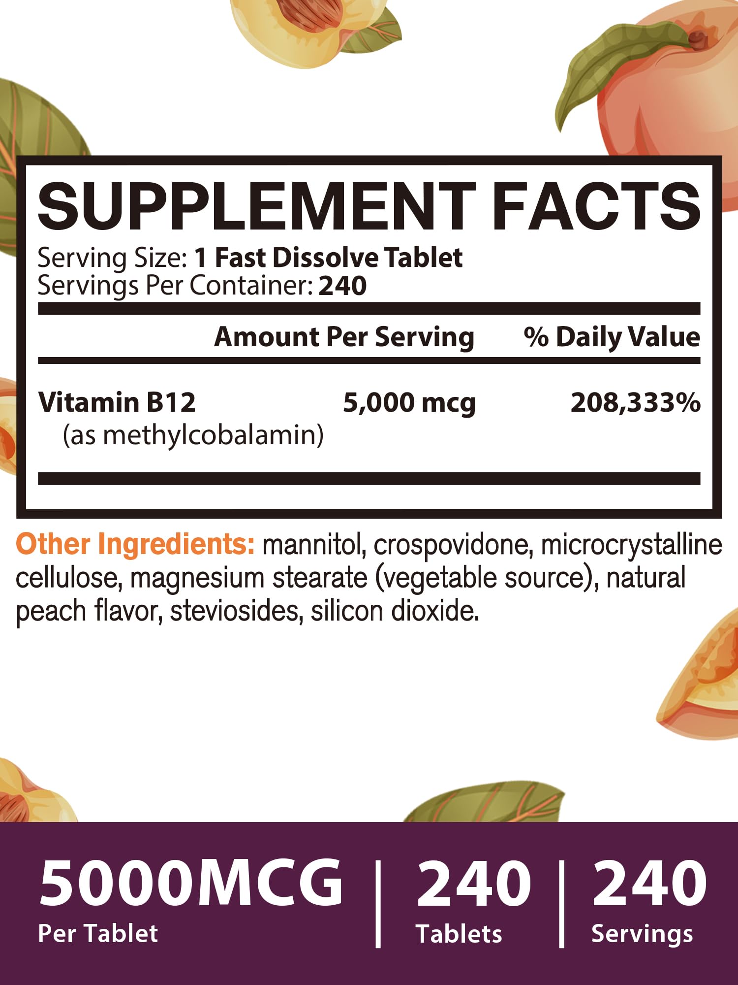 Vitamin B12 Sublingual 5000mcg – Energy & Nerve Support, Peach Flavor, Vegan