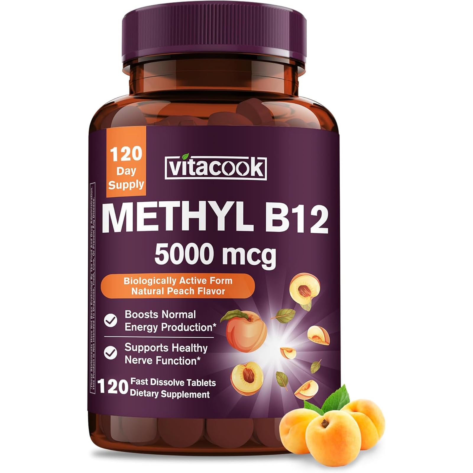 Vitamin B12 Sublingual Methylcobalamin 5000mcg — Energy & Nerve Support, Peach Flavor, Vegan, 120 Tablets