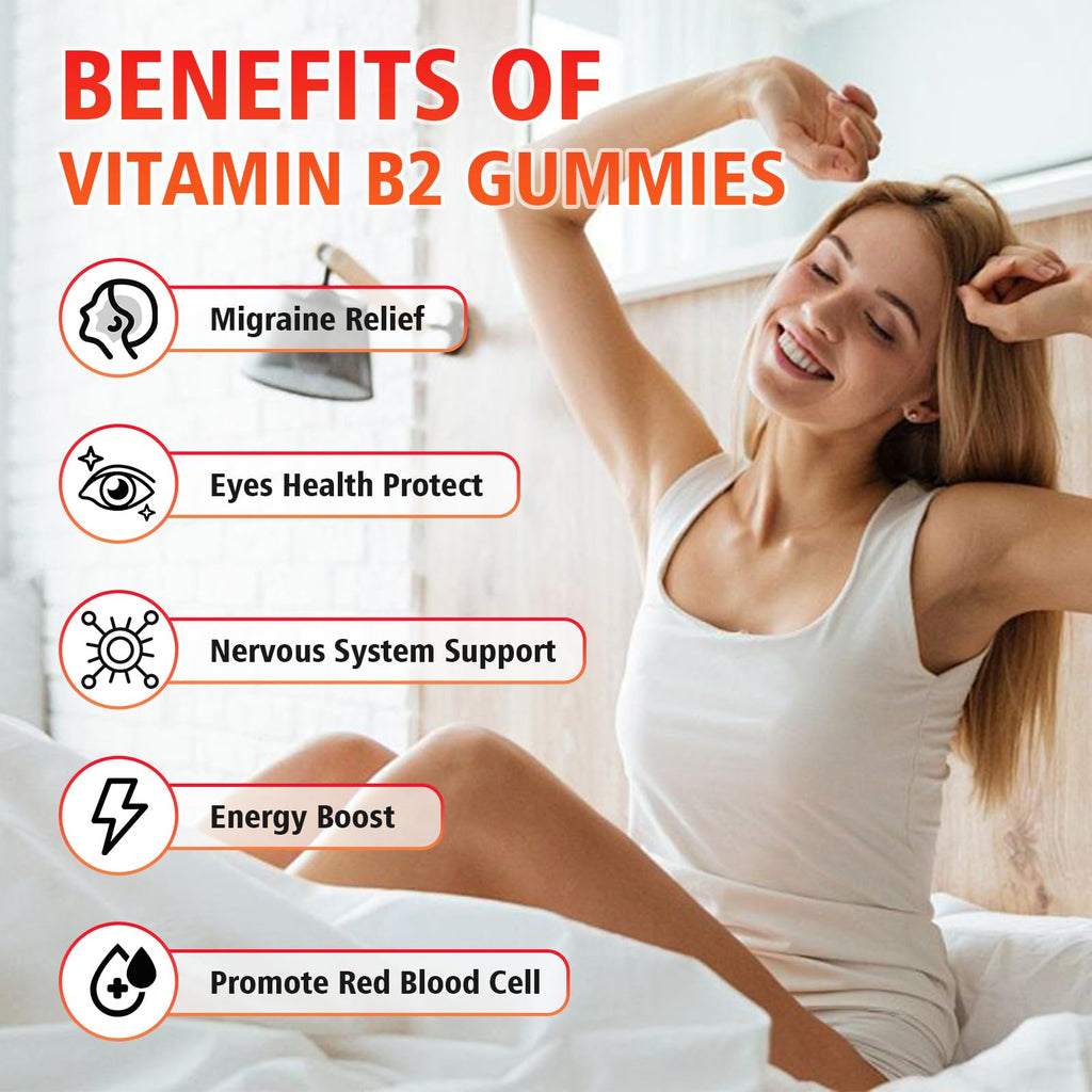 Vitamin B2 Gummies 400mg Riboflavin with Magnesium – For Kids & Adults | Migraine Relief & Energy, Strawberry, 60 Count