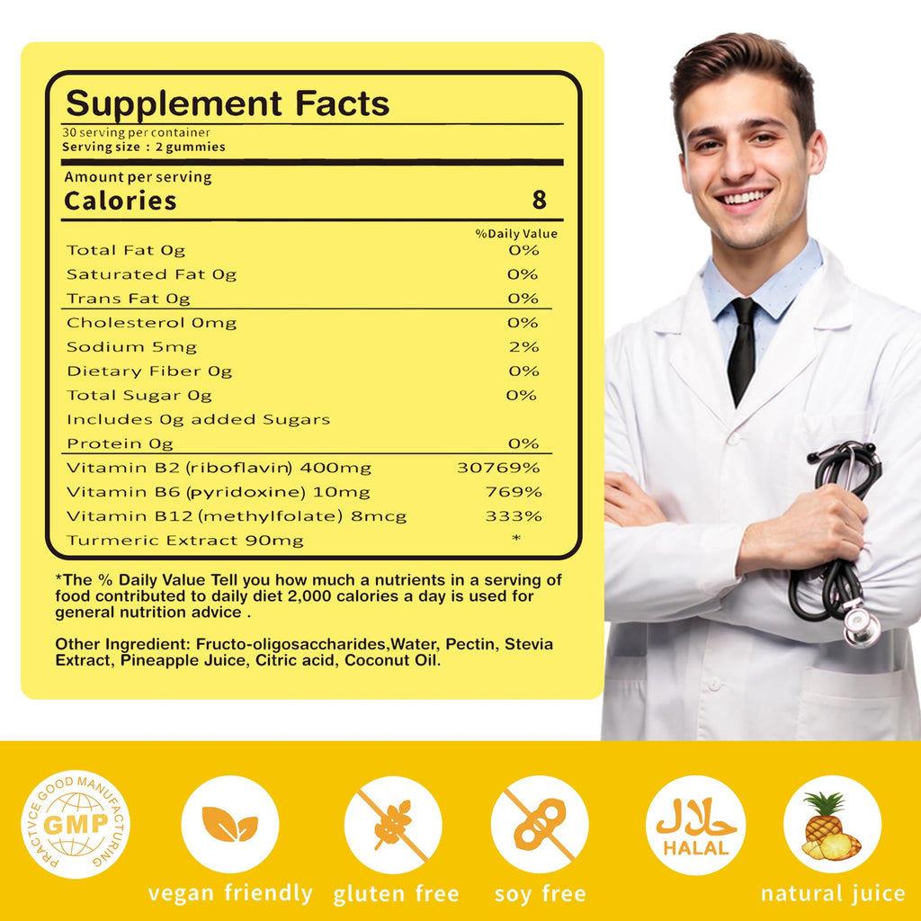 Vitamin B2 Gummies Riboflavin 400mg – Vegan Pineapple Turmeric B Complex (60 Count)