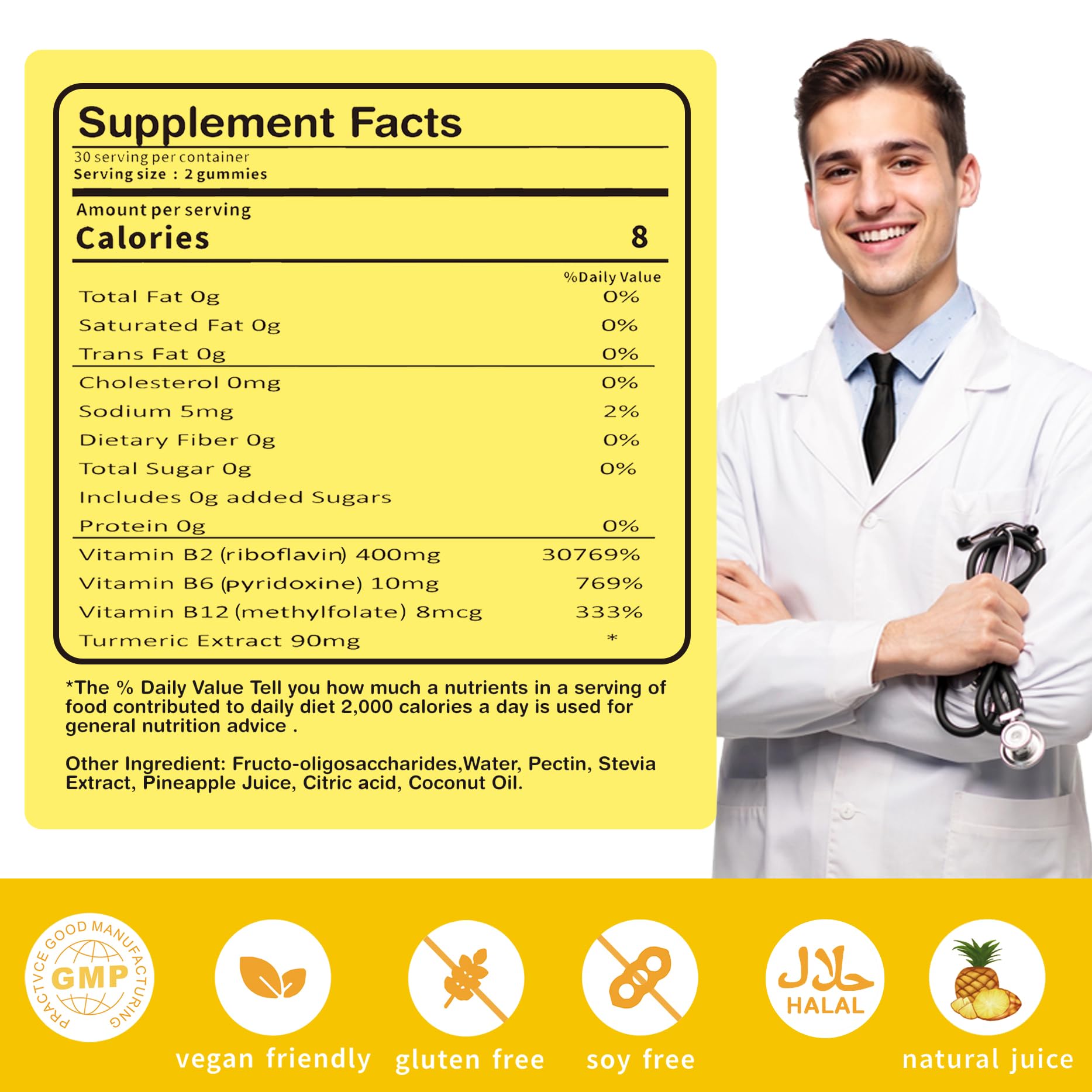 Vitamin B2 Gummies Riboflavin 400mg – Vegan Pineapple Turmeric B Complex (60 Count)