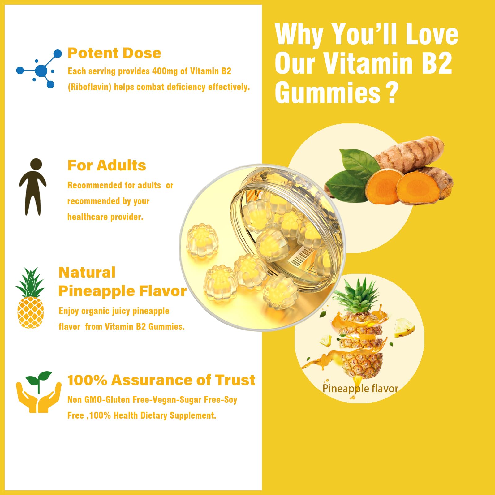 Vitamin B2 Gummies Riboflavin 400mg – Vegan Pineapple Turmeric B Complex (60 Count)