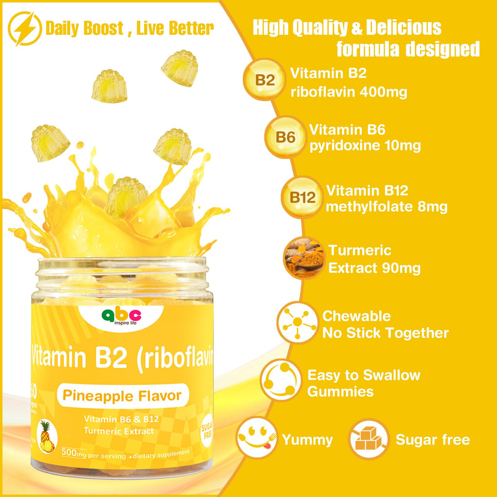 Vitamin B2 Gummies Riboflavin 400mg – Vegan Pineapple Turmeric B Complex (60 Count)
