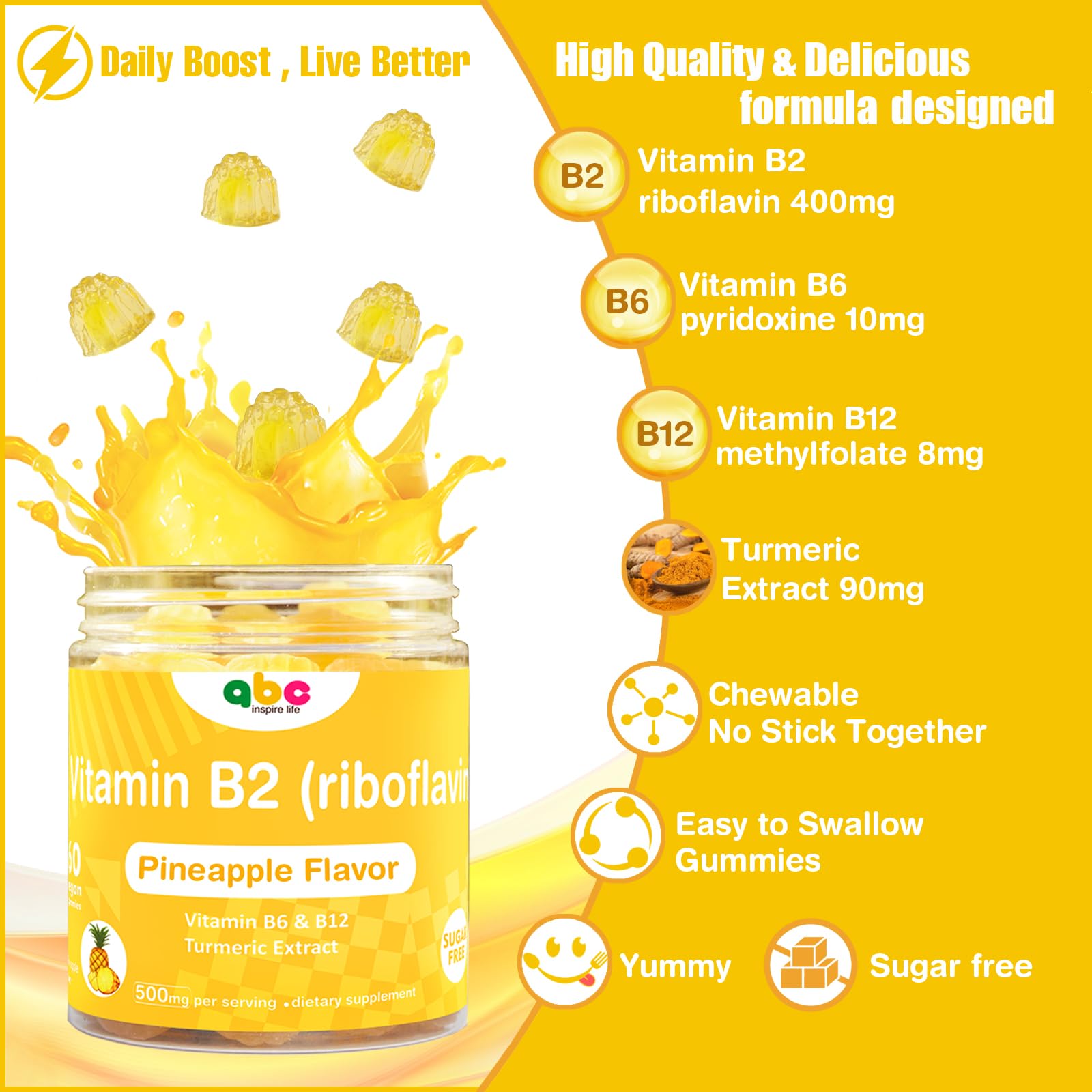 Vitamin B2 Gummies Riboflavin 400mg – Vegan Pineapple Turmeric B Complex (60 Count)