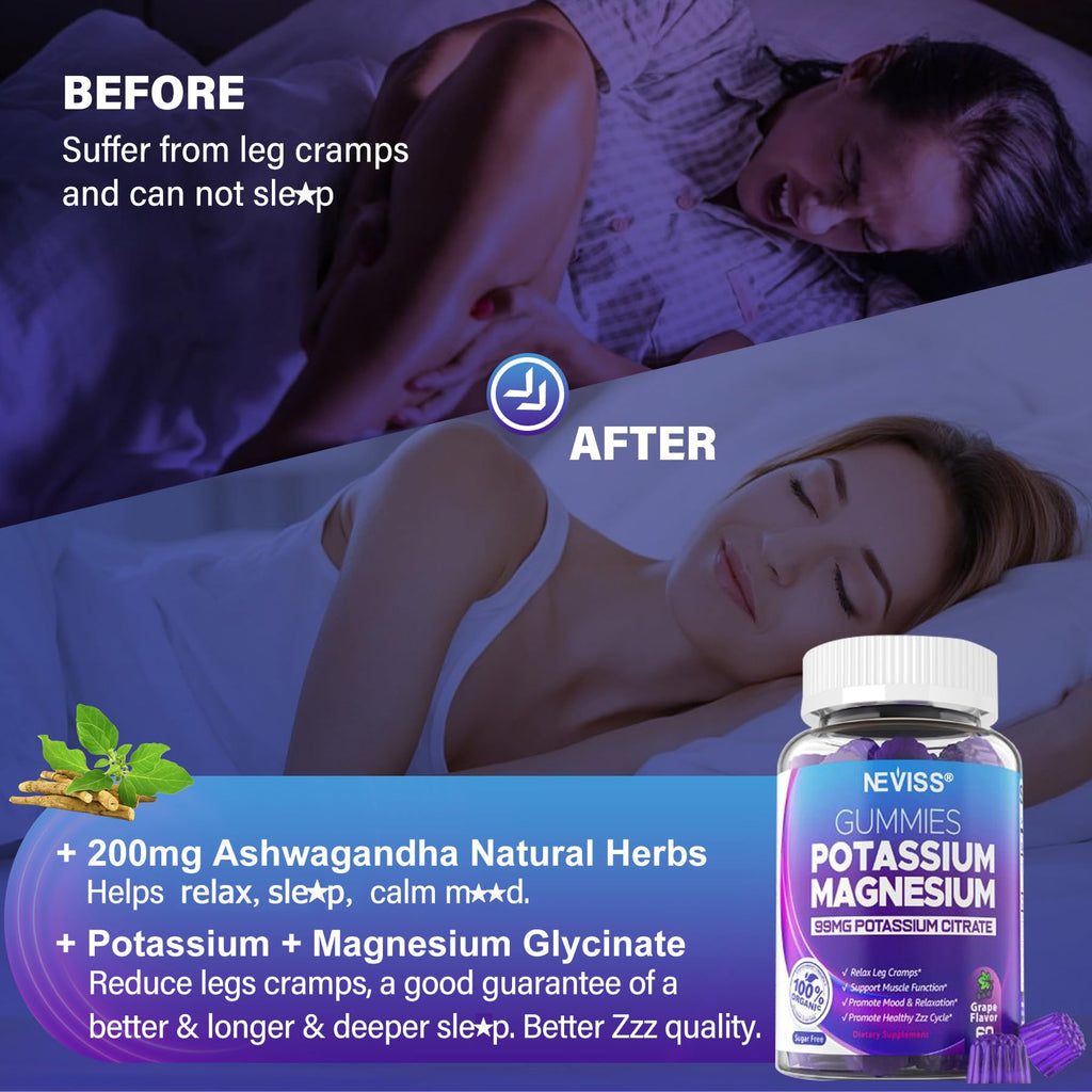 Potassium Magnesium Gummies – Ashwagandha, Magnesium Glycinate, B6 & B12, Potassium Citrate | Sugar-Free Electrolyte Gummies for Leg Cramps and Muscle (1 Pack)