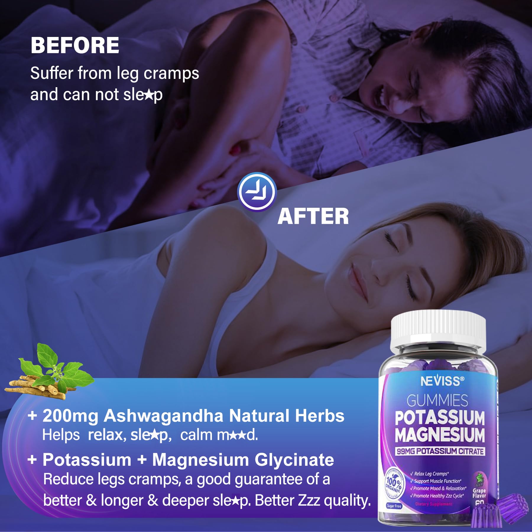 Potassium Magnesium Gummies – Ashwagandha, Magnesium Glycinate, B6 & B12, Potassium Citrate | Sugar-Free Electrolyte Gummies for Leg Cramps and Muscle (1 Pack)