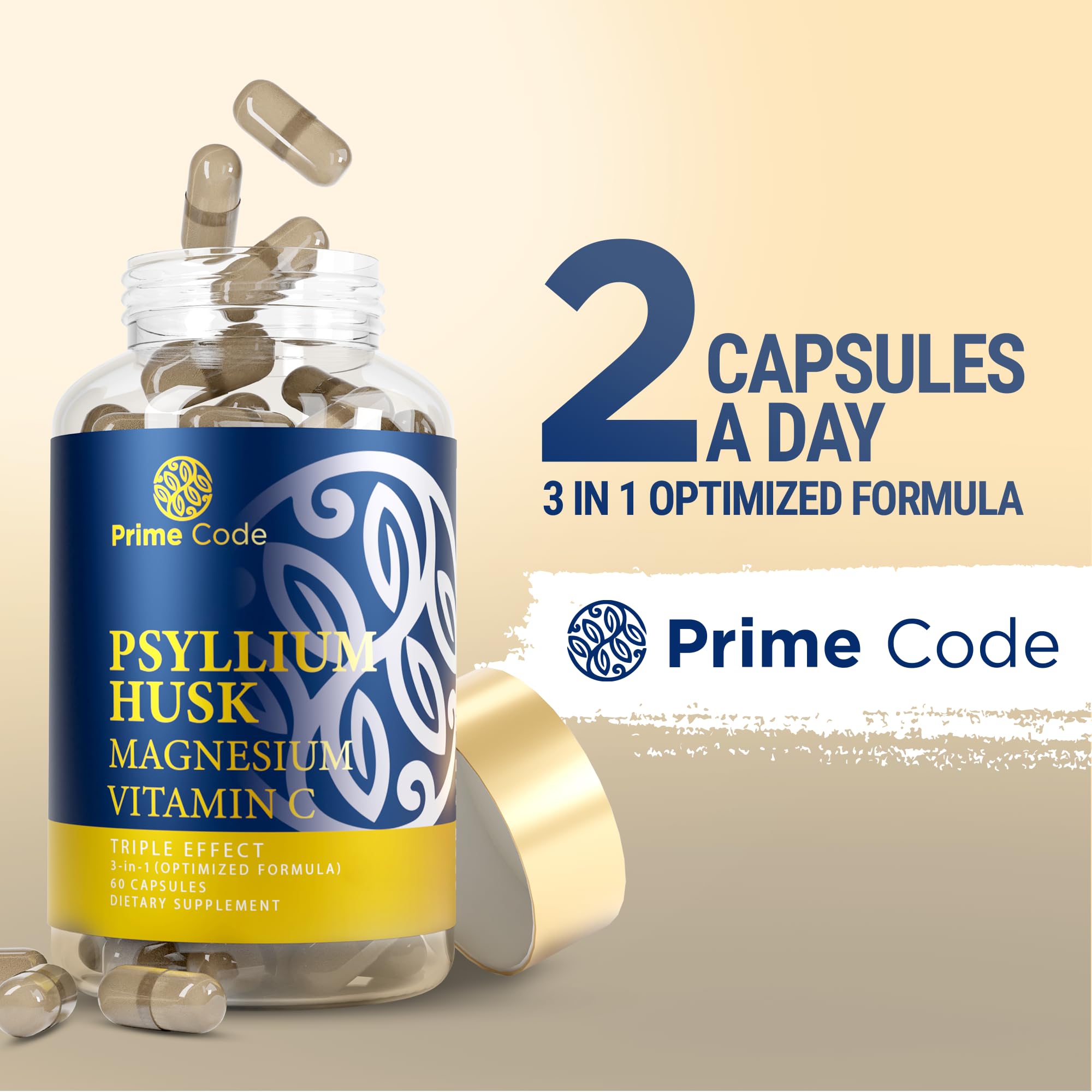 Prime Code Psyllium Husk Capsules 1000mg with Magnesium Citrate & Vitamin C | Non-GMO, Gluten & Soy Free | Vegan