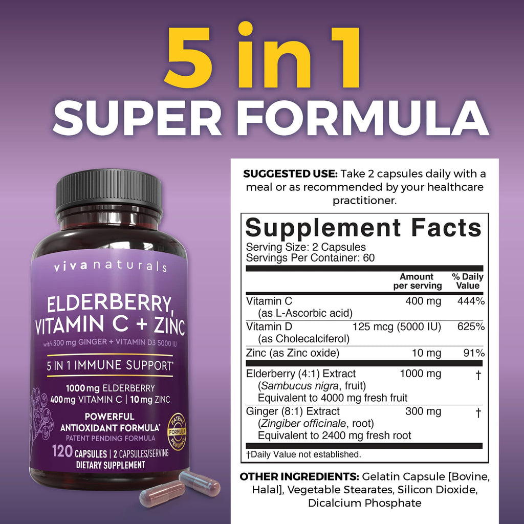 Viva Naturals Elderberry 5-in-1 Immunity Supplement - Vitamin C, D3 & Zinc