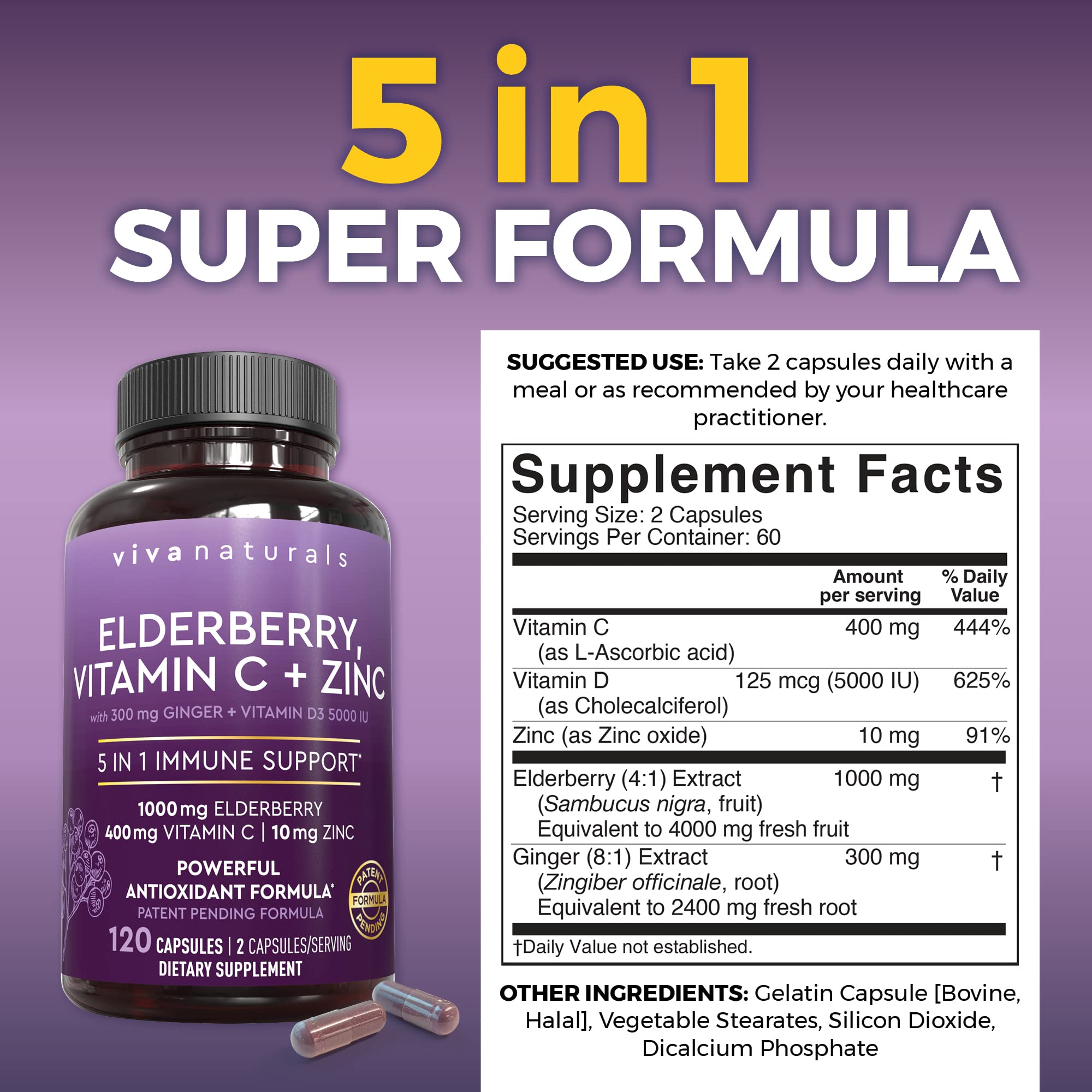 Viva Naturals Elderberry 5-in-1 Immunity Supplement - Vitamin C, D3 & Zinc