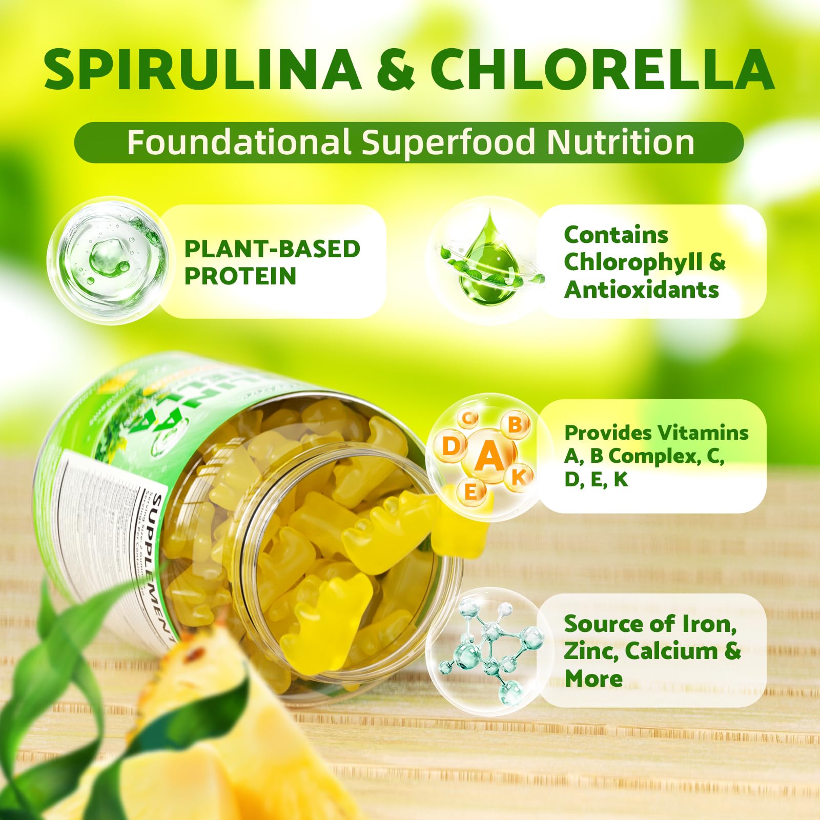 2 Pack Organic Spirulina & Chlorella Gummies – Pineapple Flavor, Vitamin C & Zinc