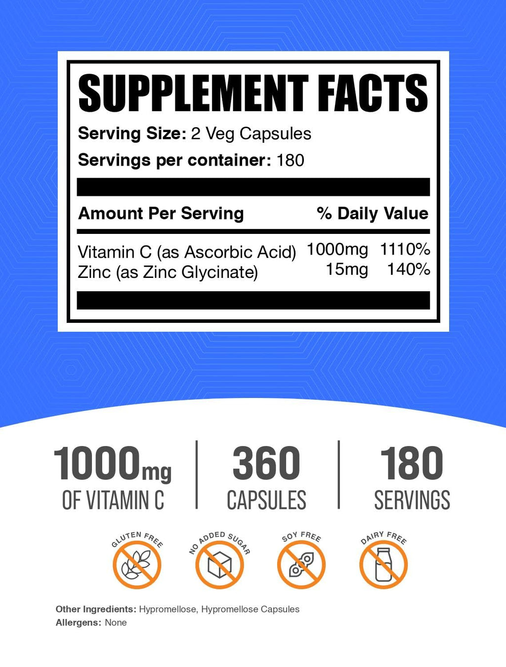 Vitamin C with Zinc Capsules - 1000mg Vitamin C, 15mg Zinc | Vegan, 360-Count Veg Capsules | BulkSupplements