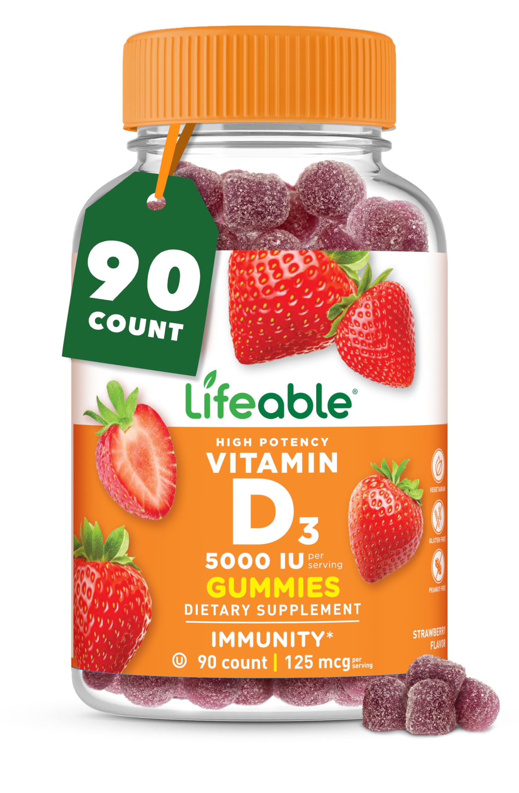 Vitamin D Gummies for Adults – 5000 IU D3 | Immune Support & Healthy Bones | Lifeable 90 Gummies