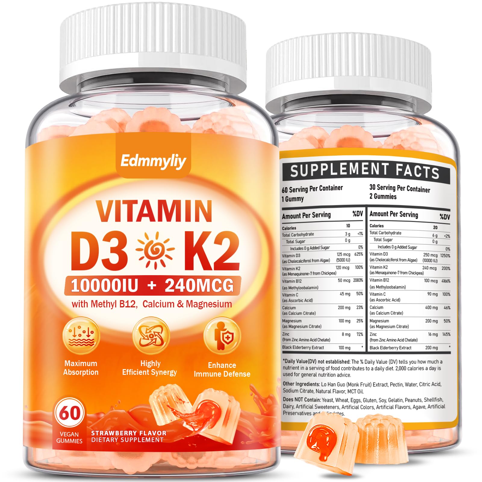 Vitamin D3 10000 IU Gummies with K2 – Vegan, Sugar-Free