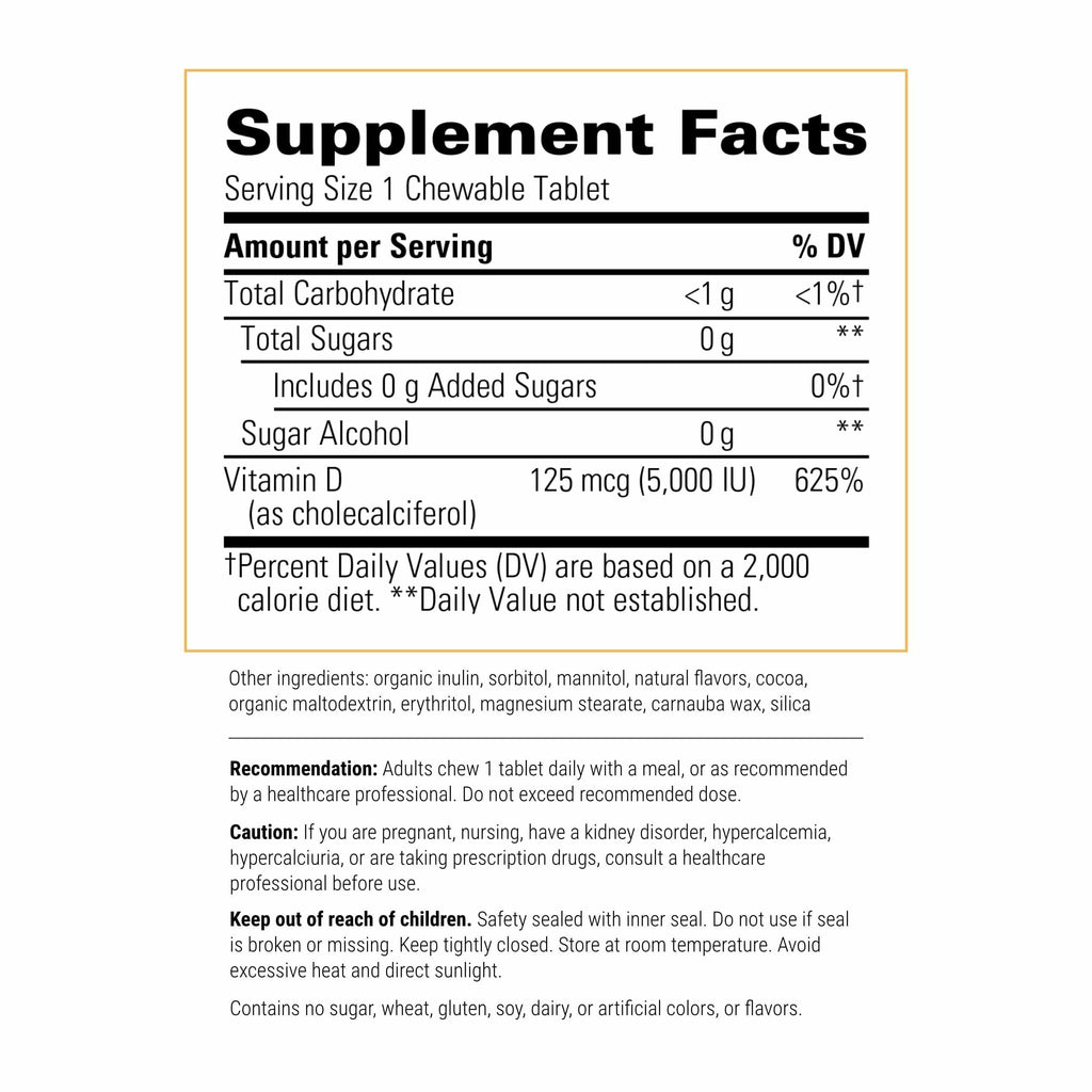 Integrative Therapeutics Vitamin D3 125 mcg - Vitamin D Supplement for Bone Health & Immune Support* - Gluten-Free & Dairy-Free - Chocolate Flavored, 90 Chewable Tablets (90 Servings)