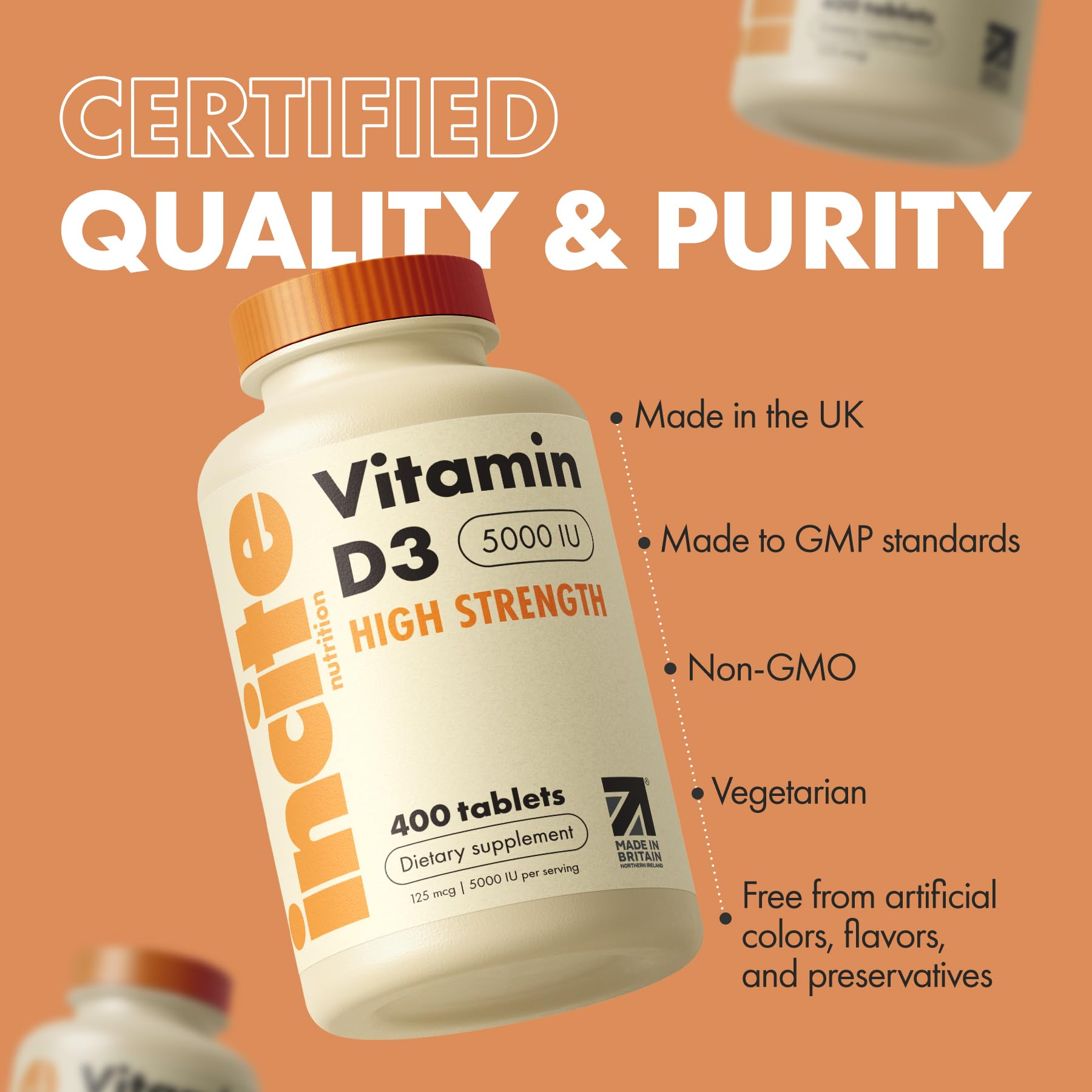 Incite Nutrition Vitamin D3 5000iu - 400 Micro Tablets, High Strength, UK Made
