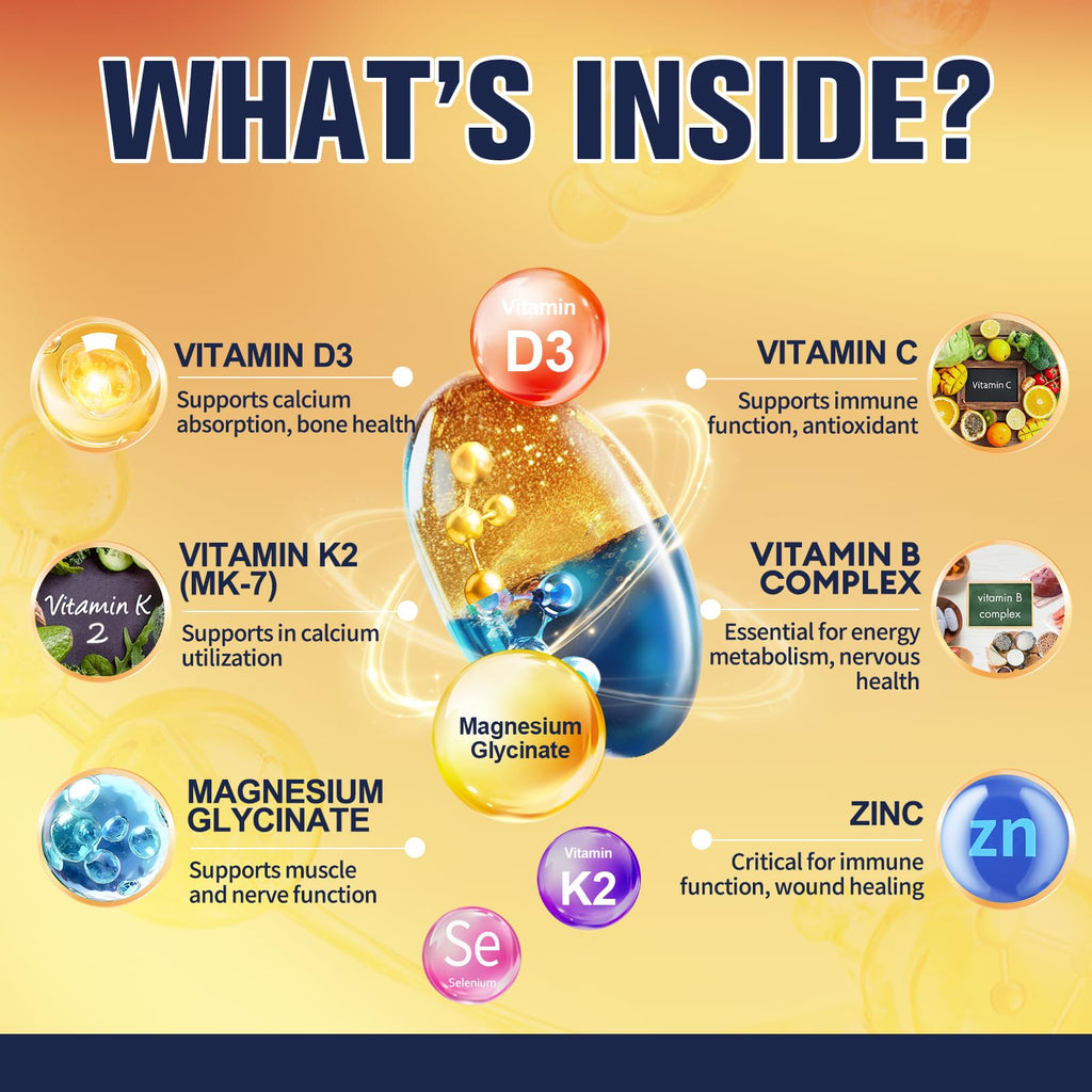9-in-1 Magnesium Glycinate 500mg + Vitamin D3 5000 IU & K2 | 120 Softgels