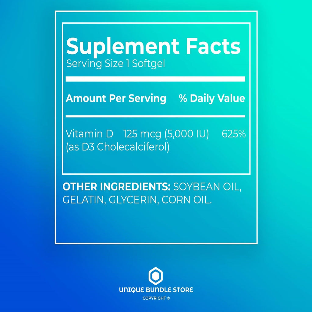 Vitamin D3 5000 IU (125 mcg) Softgels – 250 ct | Bone & Immune Support