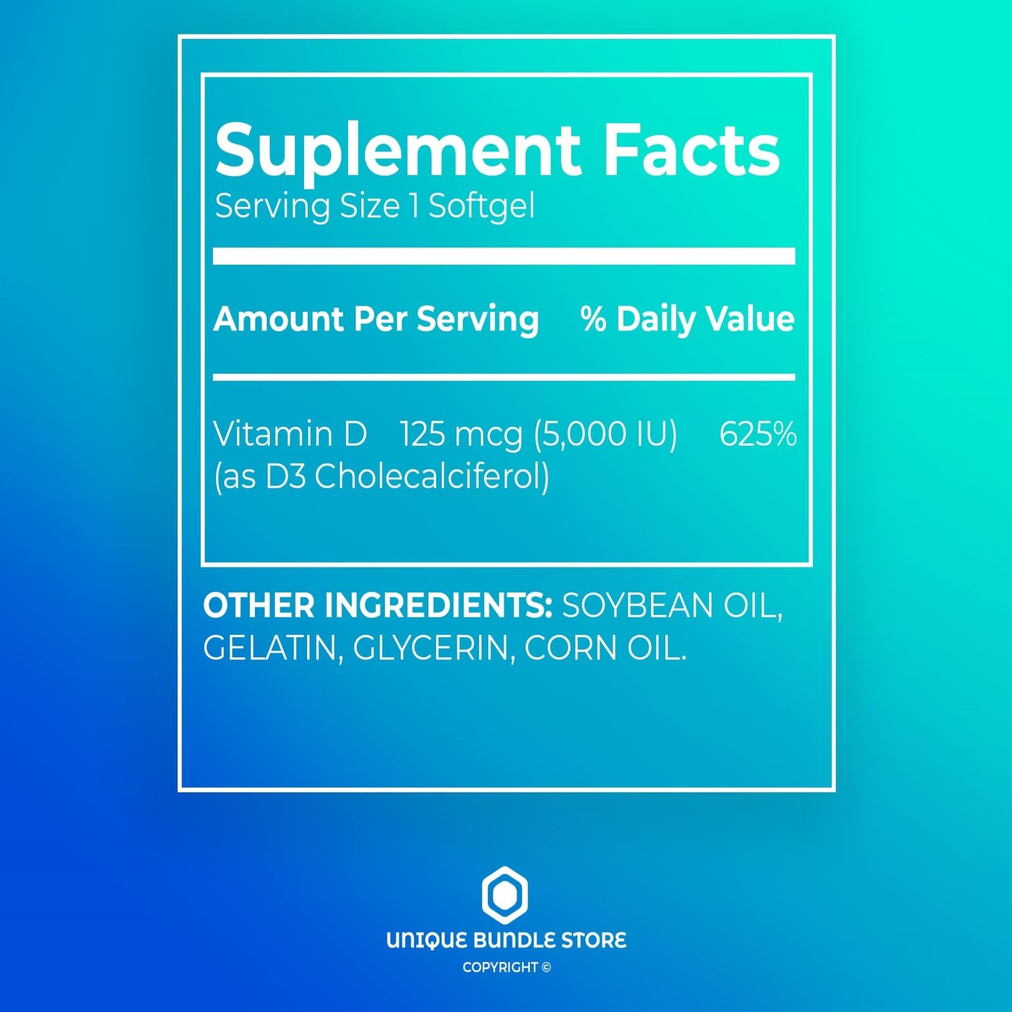 Vitamin D3 5000 IU (125 mcg) Softgels – 250 ct | Bone & Immune Support