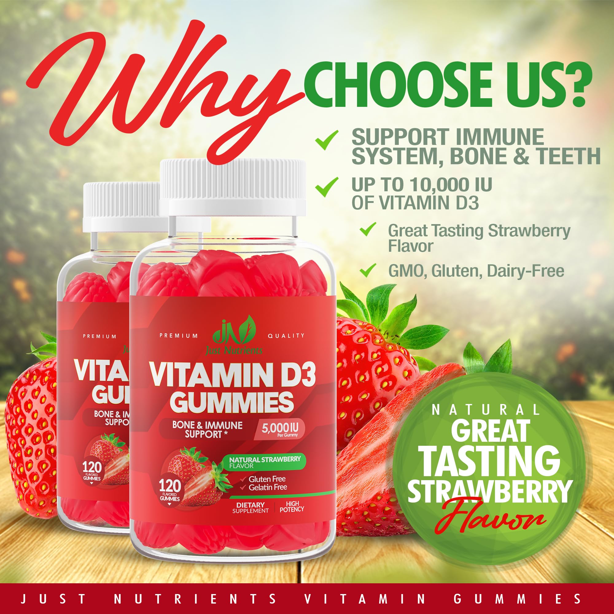 Vitamin D3 Gummies 5000IU/10000IU for Adults & Kids – Immune Support, Bones & Teeth | Gluten-Free & Non-GMO | Strawberry Flavor