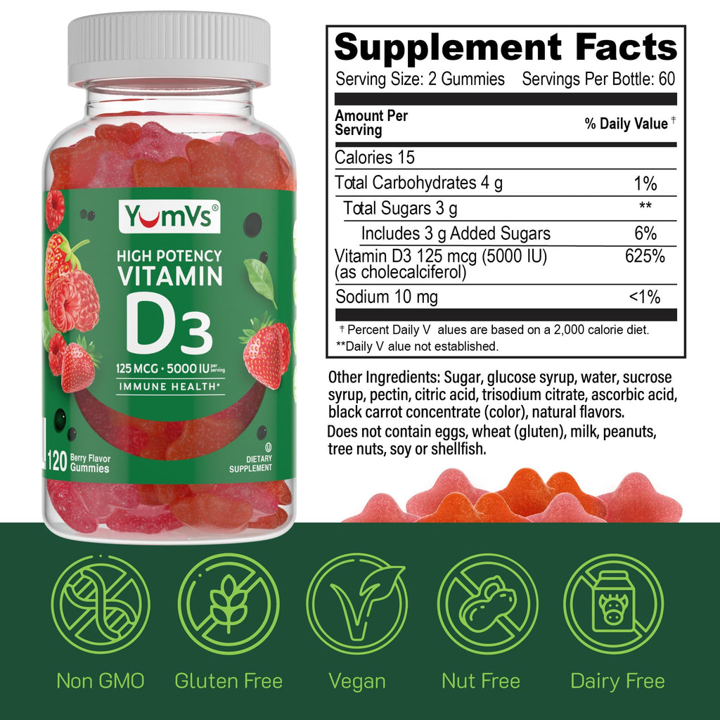 Vitamin D3 Gummies 5000 IU (125 mcg) – Immune & Bone Health | Non-GMO, Gluten-Free, Dairy-Free