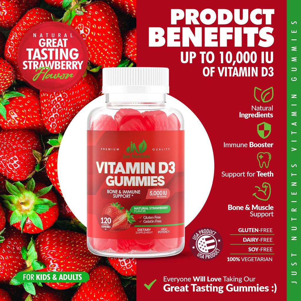 Vitamin D3 Gummies 5000IU/10000IU for Adults & Kids – Immune Support, Bones & Teeth | Gluten-Free & Non-GMO | Strawberry Flavor