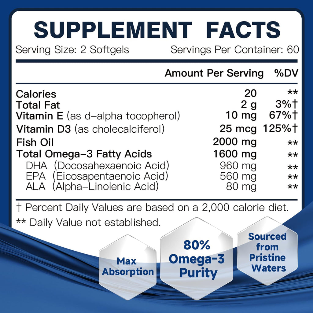 Advanced Omega-3 Fish Oil 2000mg – DHA, EPA, ALA | Heart, Brain & Joints Support – Vitamin D3 & E – 120 Softgels
