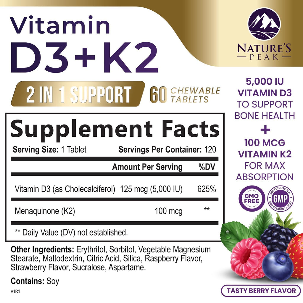 Vitamin D3 K2 5000 IU Berry Chewable – Immune & Bone Health (120 Tabs)