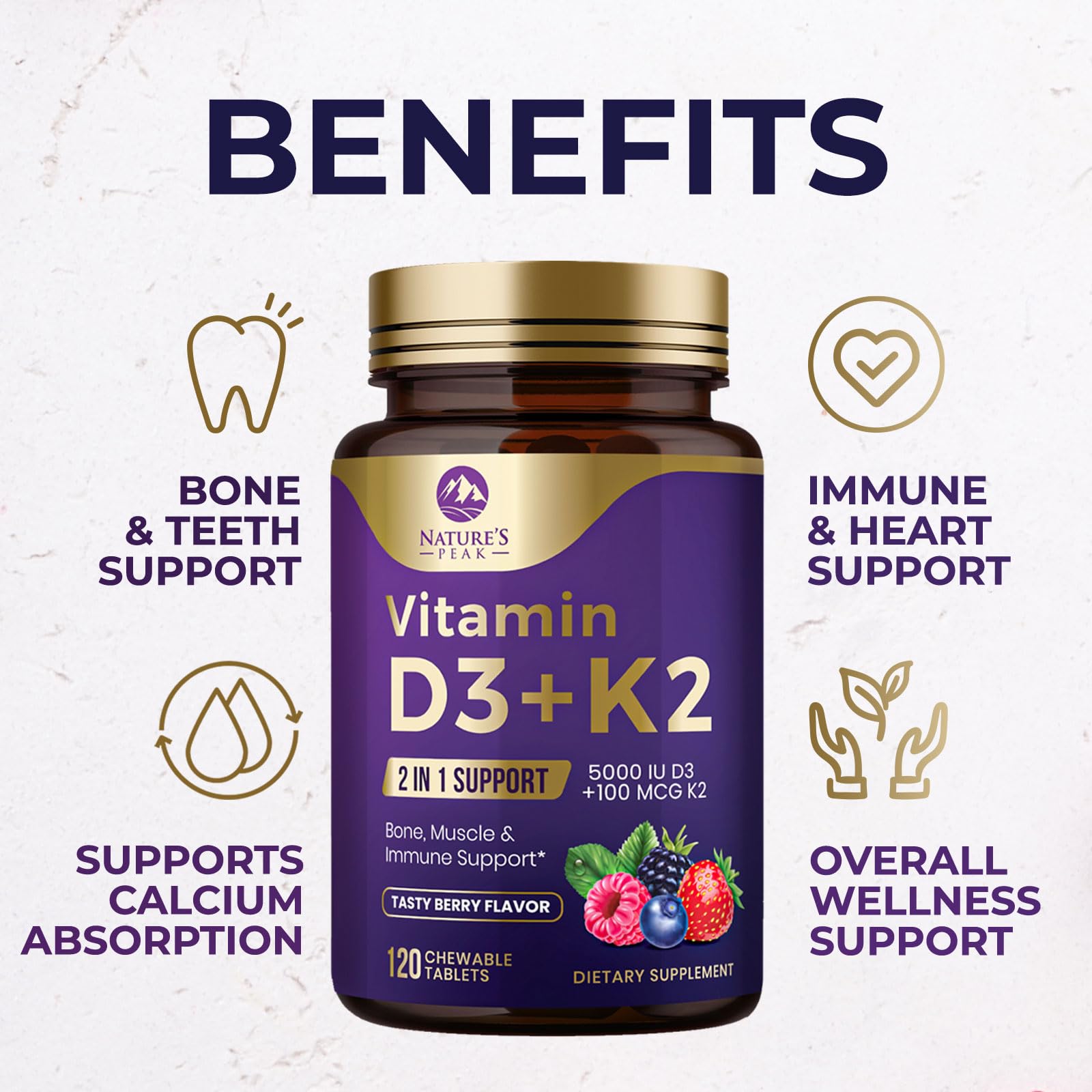 Vitamin D3 K2 5000 IU Berry Chewable – Immune & Bone Health (120 Tabs)