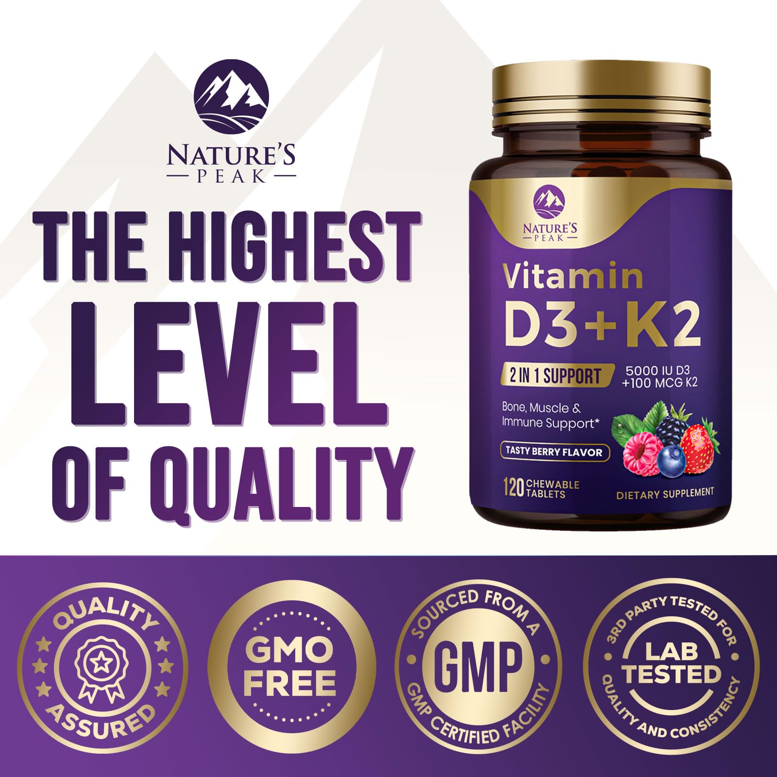 Vitamin D3 K2 5000 IU Berry Chewable – Immune & Bone Health (120 Tabs)