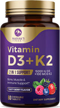 Vitamin D3 K2 5000 IU – Berry Chewables 60 Tablets | Immune, Bone & Heart Health | Gluten Free, Non-GMO, USA Bottled
