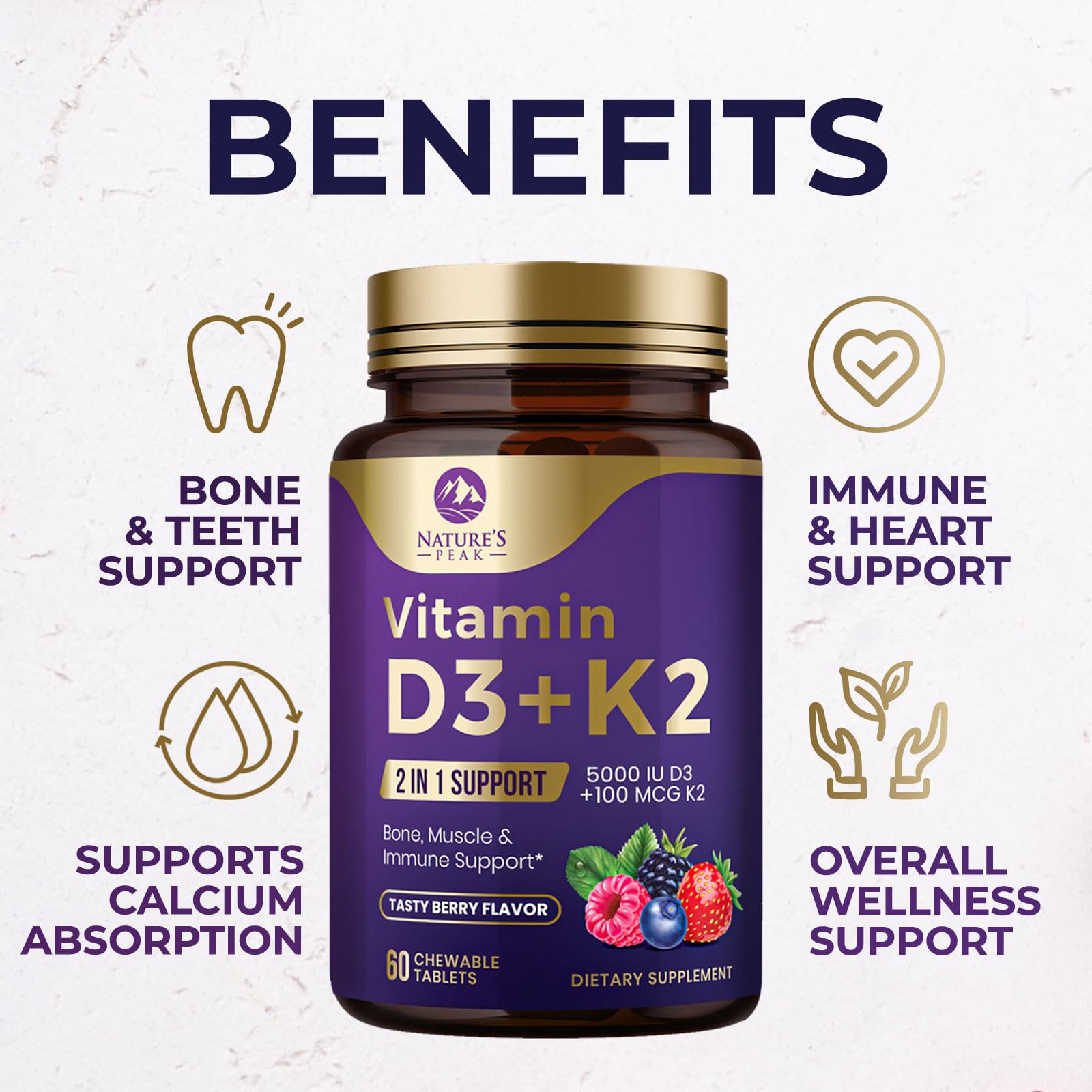 Vitamin D3 K2 5000 IU – Berry Chewables 60 Tablets | Immune, Bone & Heart Health | Gluten Free, Non-GMO, USA Bottled
