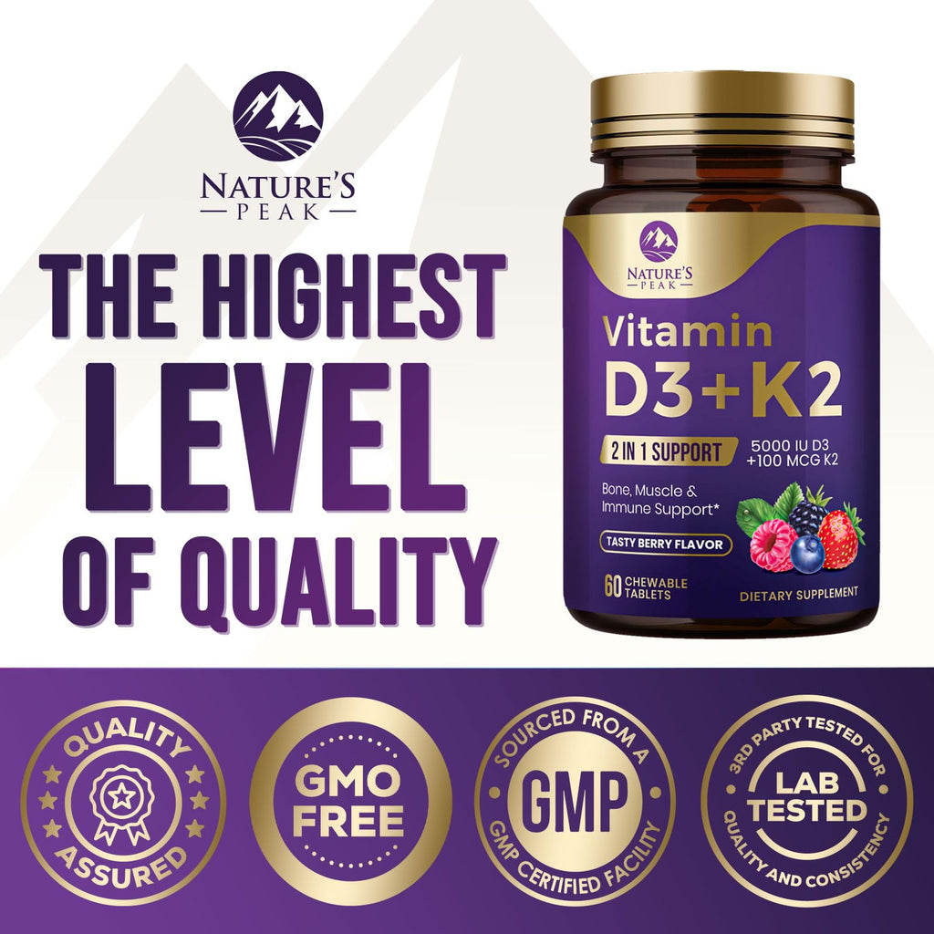 Vitamin D3 K2 5000 IU – Berry Chewables 60 Tablets | Immune, Bone & Heart Health | Gluten Free, Non-GMO, USA Bottled