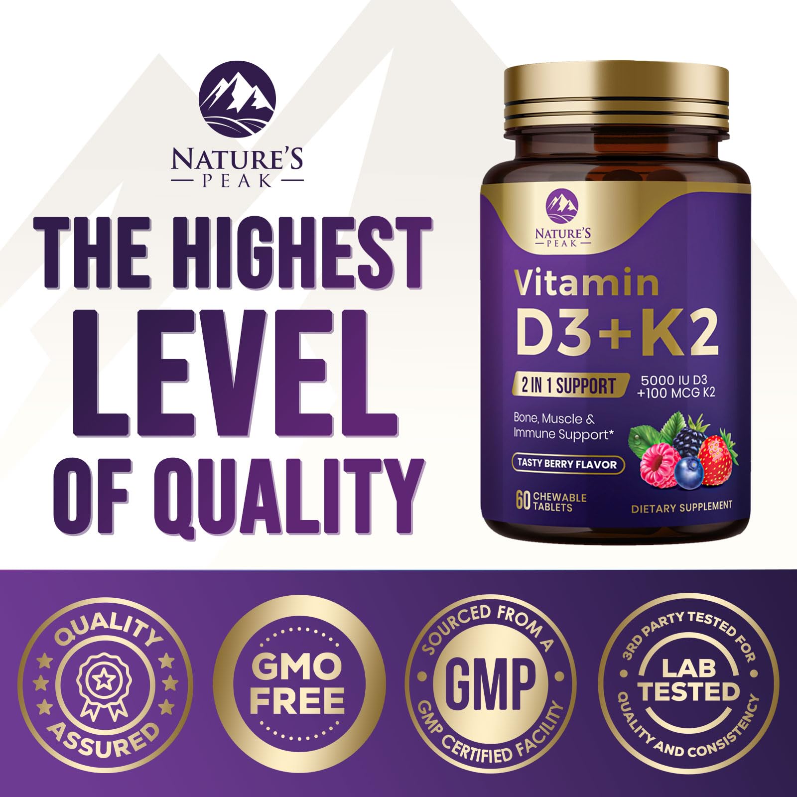 Vitamin D3 K2 5000 IU – Berry Chewables 60 Tablets | Immune, Bone & Heart Health | Gluten Free, Non-GMO, USA Bottled