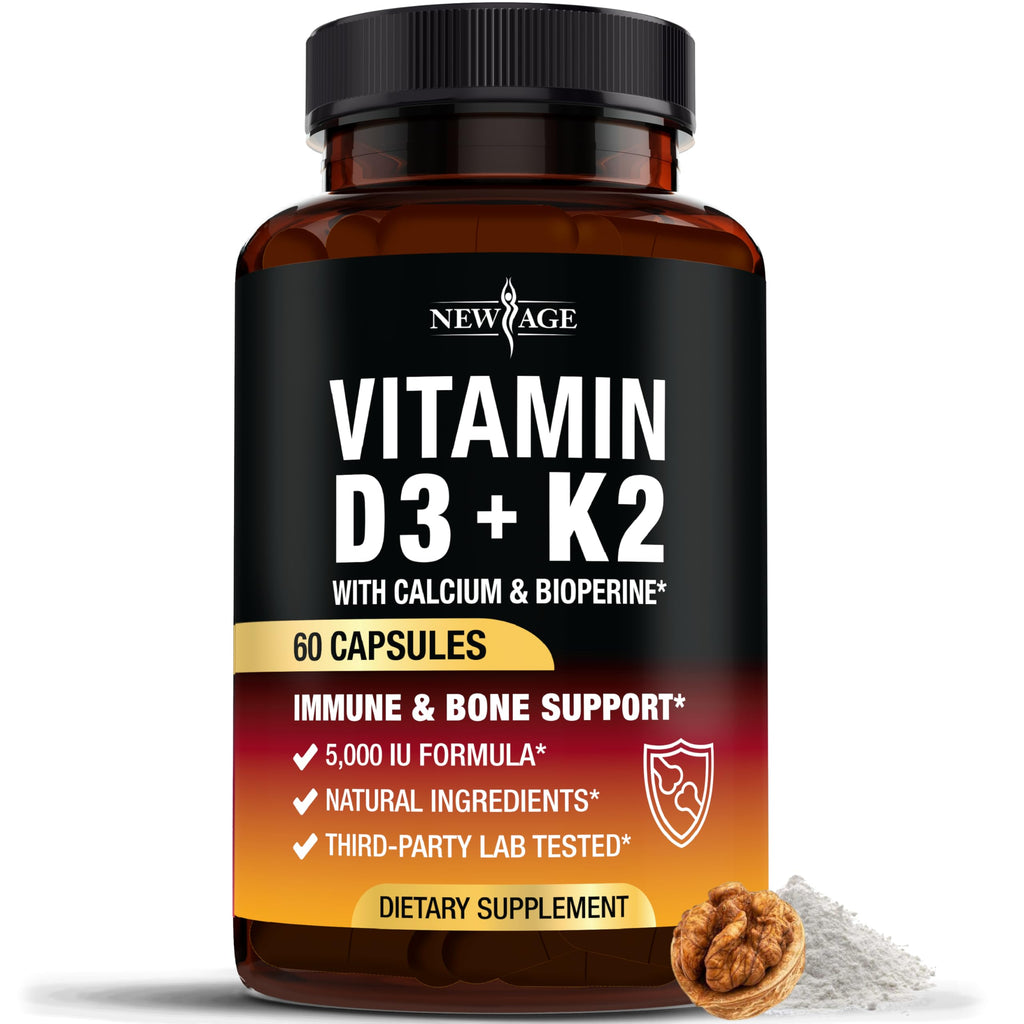 Vitamin D3 5,000 IU + K2 MK-7 100 mcg - 60 Capsules | Bone, Immune & Heart Support - Vegan & Non-GMO