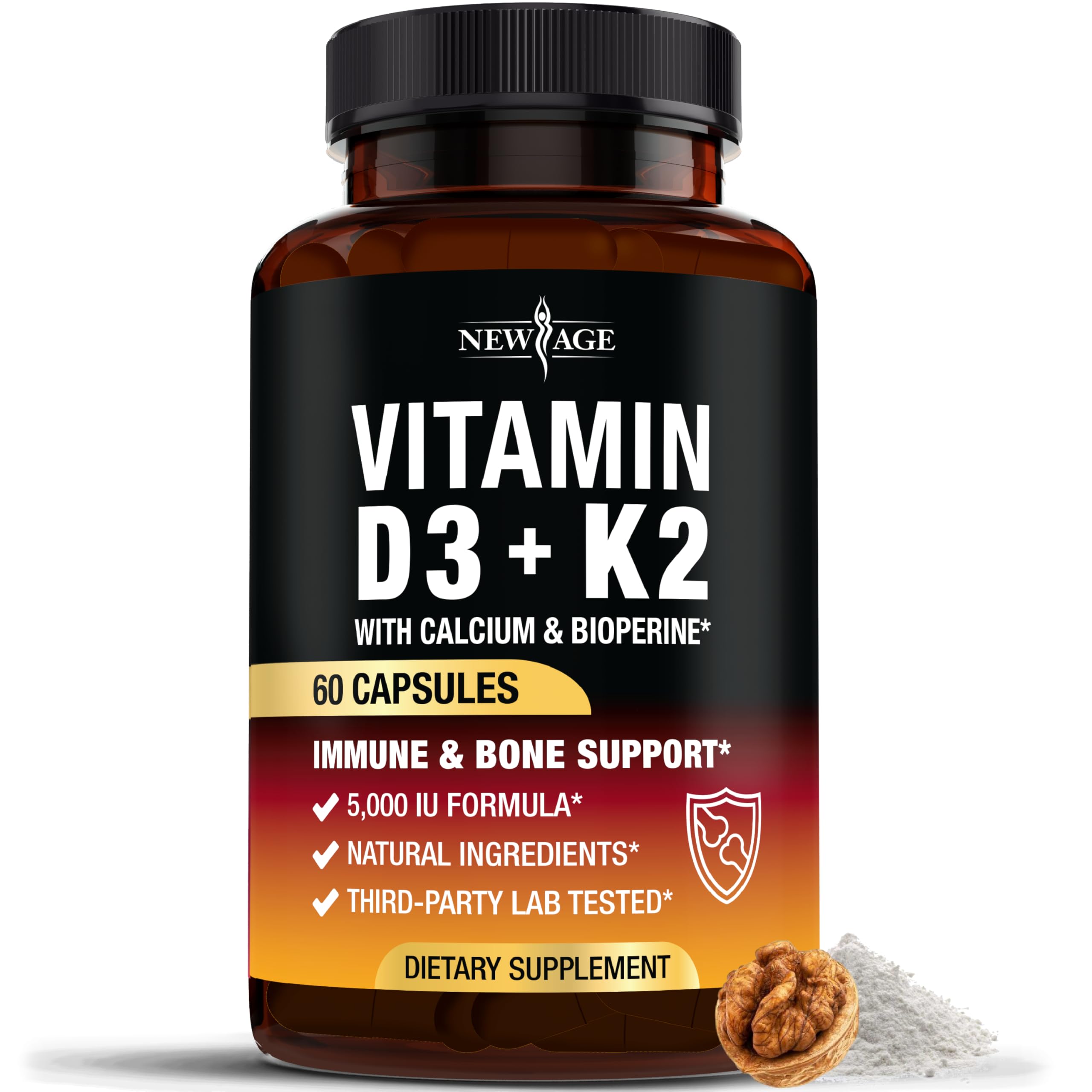 Vitamin D3 5,000 IU + K2 MK-7 100 mcg - 60 Capsules | Bone, Immune & Heart Support - Vegan & Non-GMO