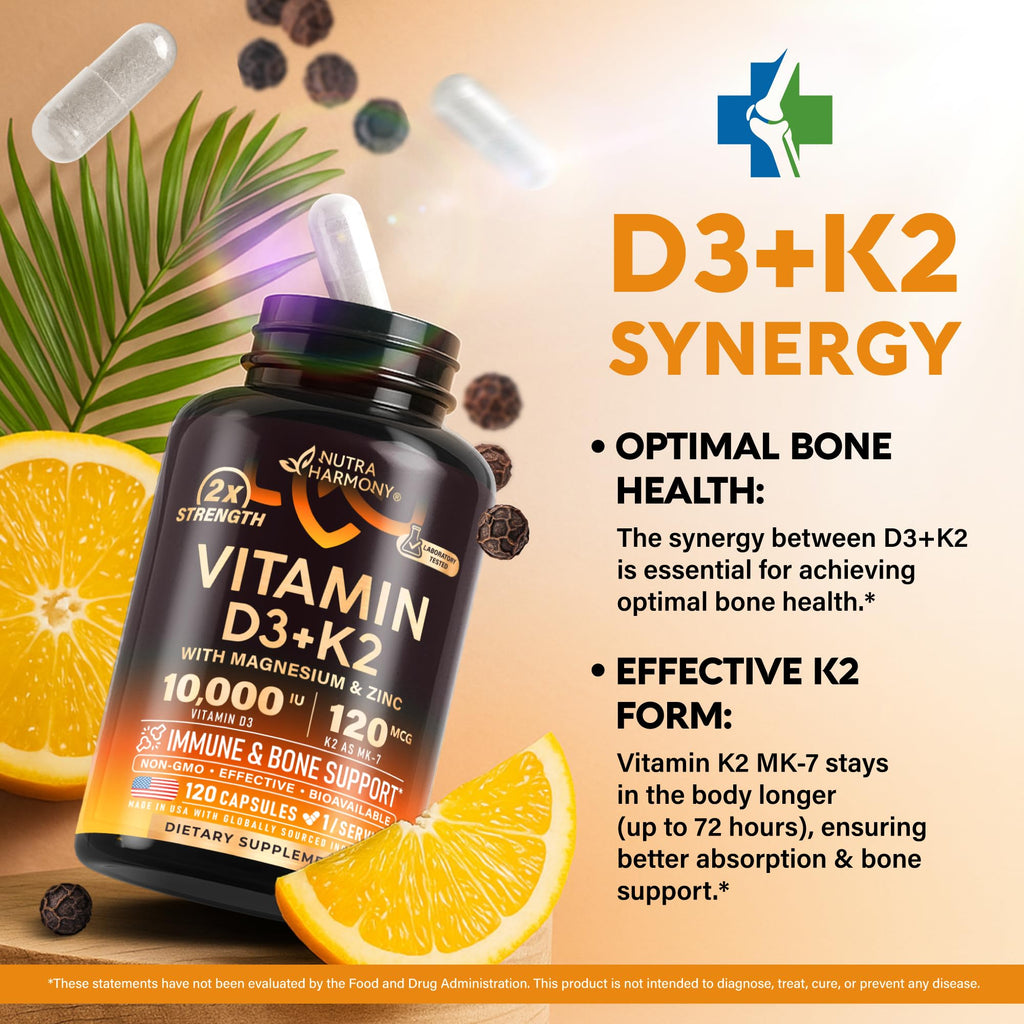 Vitamin D3 10000 IU + K2 MK-7 (120 caps) – Immune & Bone Support
