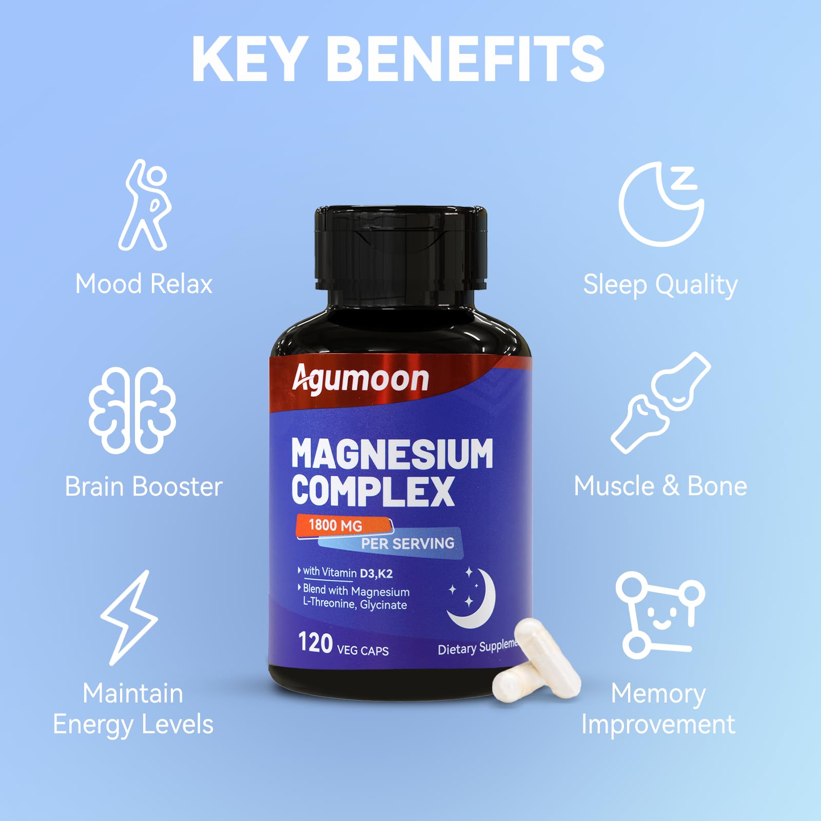 Magnesium Chelated Complex 1800mg with Vitamin D3 & K2 – L-Threonine & Glycinate, 120 Capsules